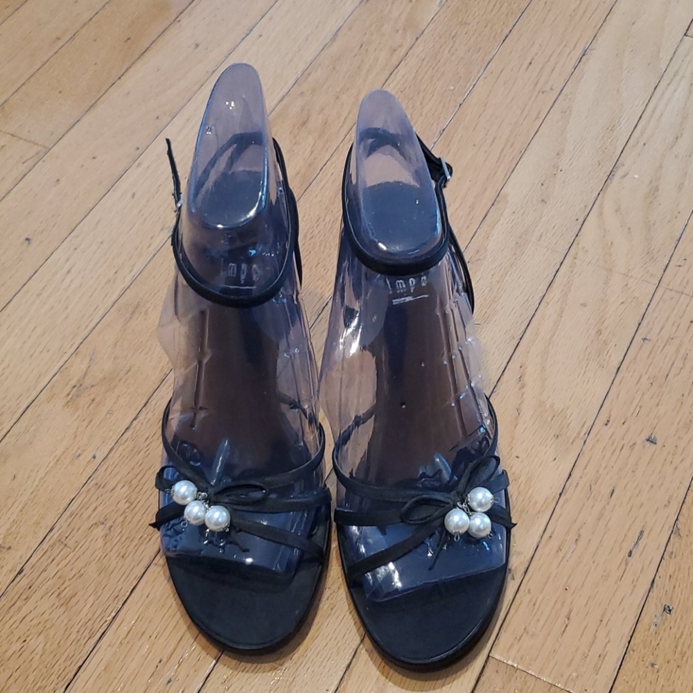 IMPO 8 black strappy heels with pearls/bow